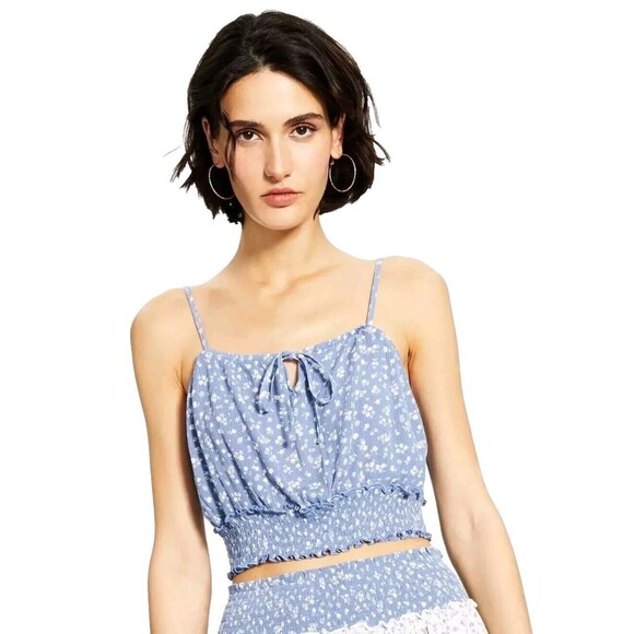 Hippie Rose Juniors Blouse Crop Tank Top Denim Floral White Size L New - Picture 2 of 8